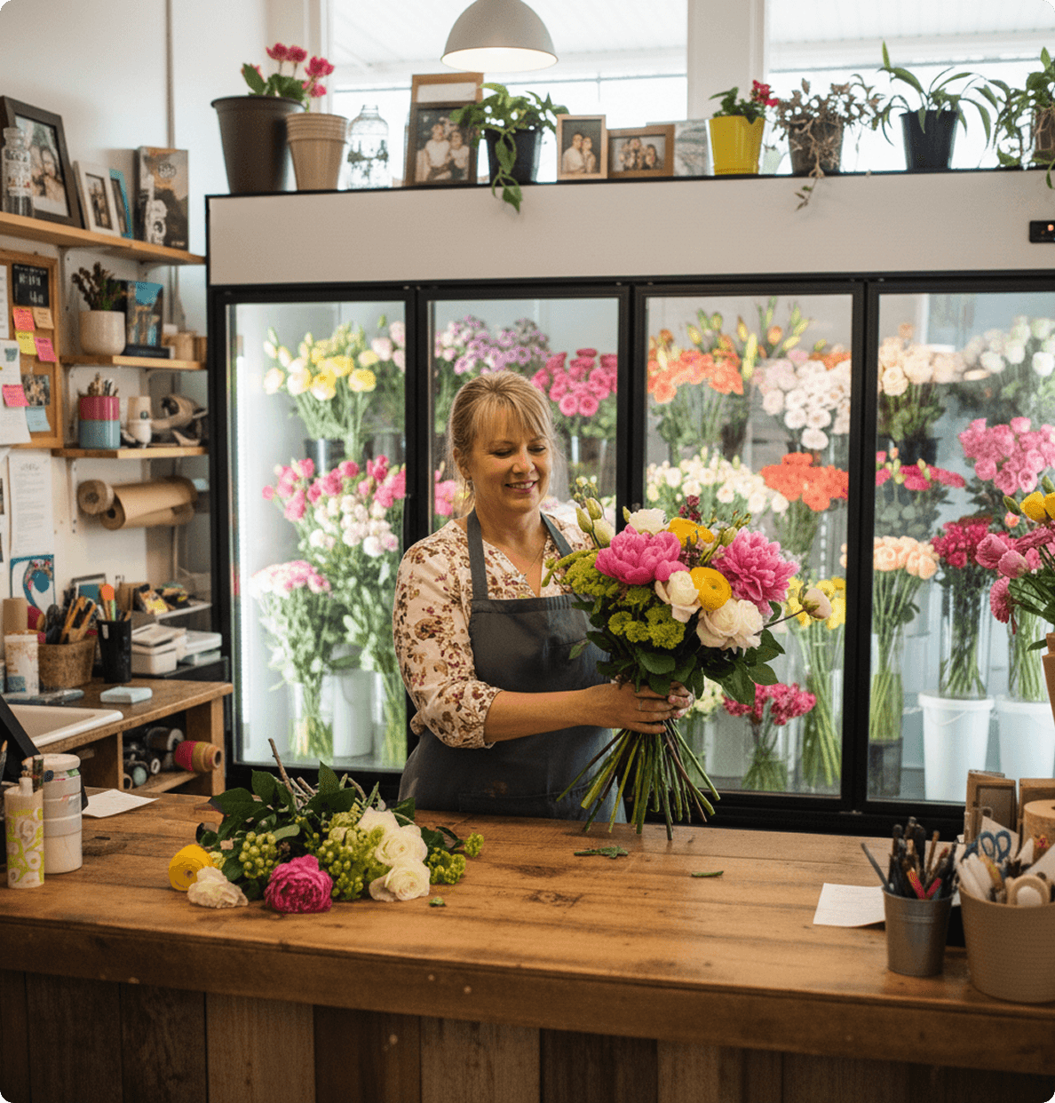 Florist arranging a bouquet inside a flower shop.