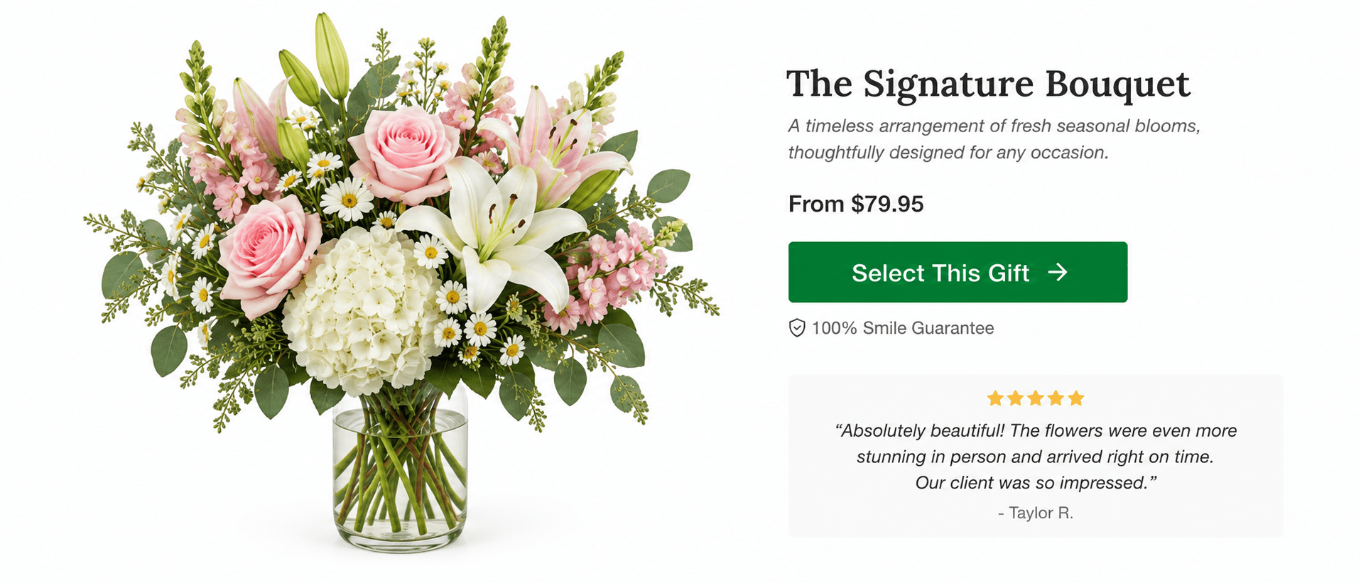 Lovingly Shop bouquet product page showing the arrangement, price, and Select This Gift button.